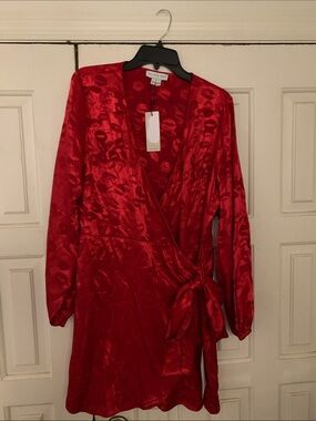 Red Satin Wrap Long-Sleeve Dress with Side Tie